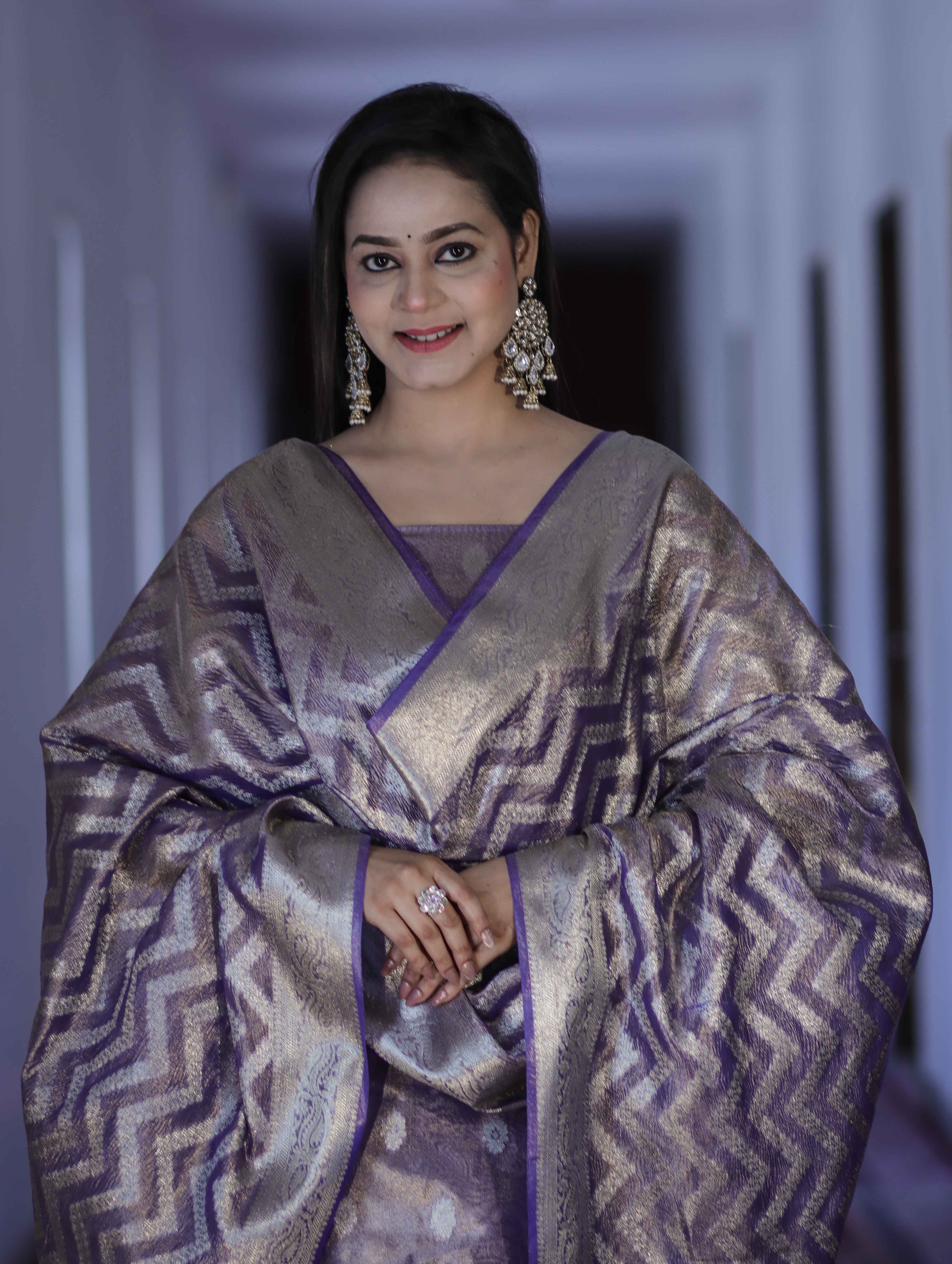 Banarasee Tissue Zari Work Salwar Kameez Fabric With Dupatta Set-Lilac