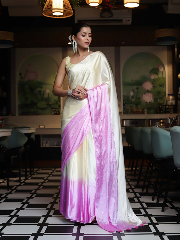 Banarasee Handloom Satin Hand Dyed Saree With Mirror Work-Light Yellow & Light Pink