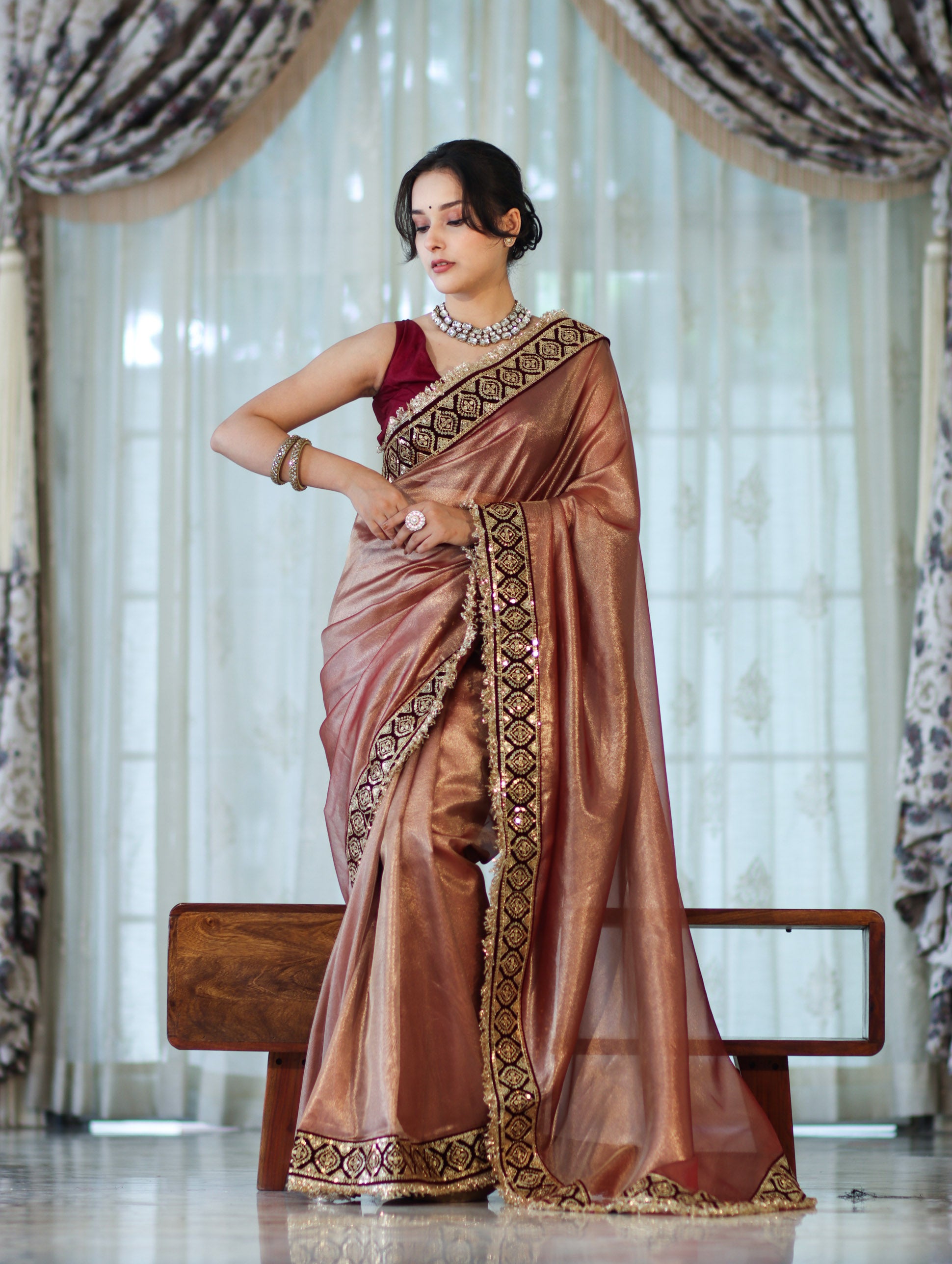 Banarasee Handloom Plain Tissue Saree With Lace Border-Burgundy