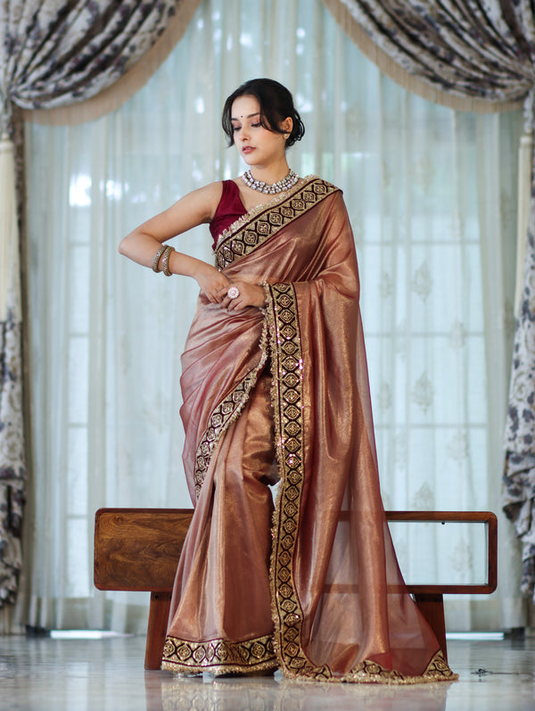 Banarasee Handloom Plain Tissue Saree With Lace Border-Burgundy