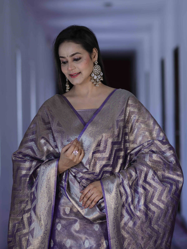 Banarasee Tissue Zari Work Salwar Kameez Fabric With Dupatta Set-Lilac