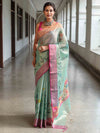 Banarasee Handwoven Tissue Saree With Hand Brush Paint Floral Design & Contrast Border-Light Green