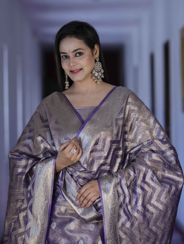 Banarasee Tissue Zari Work Salwar Kameez Fabric With Dupatta Set-Lilac