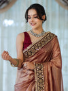 Banarasee Handloom Plain Tissue Saree With Lace Border-Burgundy