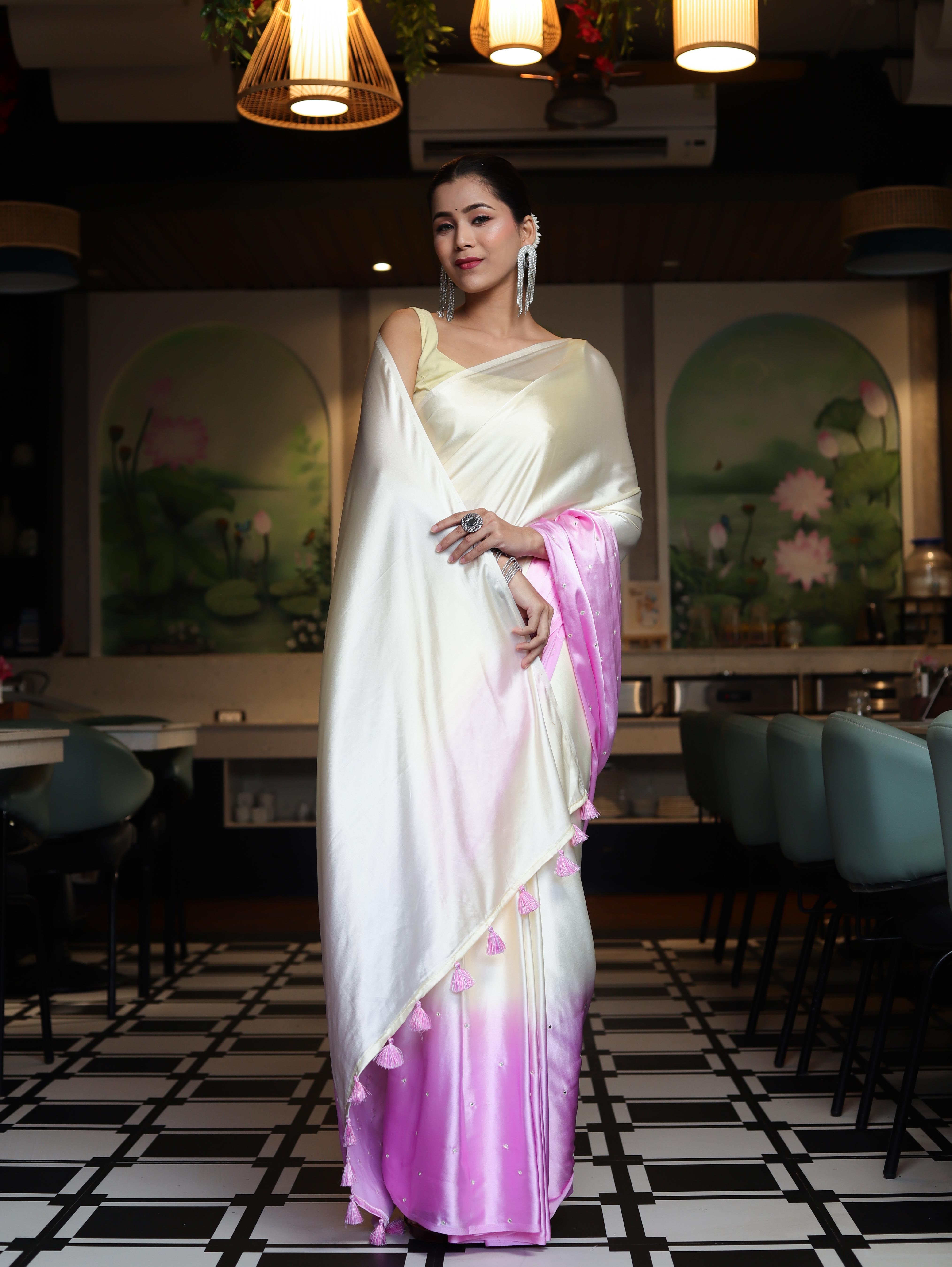 Banarasee Handloom Satin Hand Dyed Saree With Mirror Work-Light Yellow & Light Pink