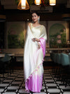 Banarasee Handloom Satin Hand Dyed Saree With Mirror Work-Light Yellow & Light Pink