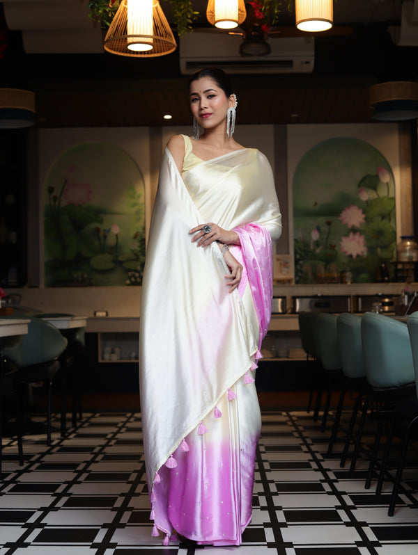 Banarasee Handloom Satin Hand Dyed Saree With Mirror Work-Light Yellow & Light Pink