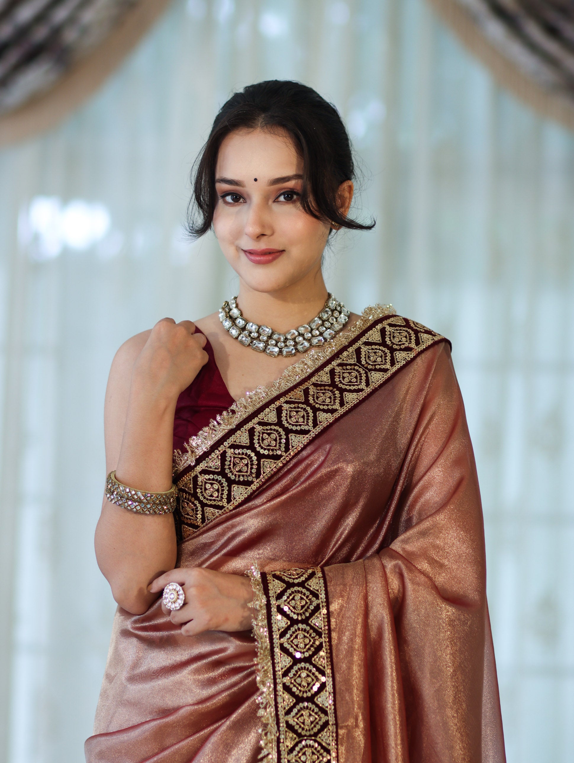 Banarasee Handloom Plain Tissue Saree With Lace Border-Burgundy