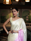 Banarasee Handloom Satin Hand Dyed Saree With Mirror Work-Light Yellow & Light Pink