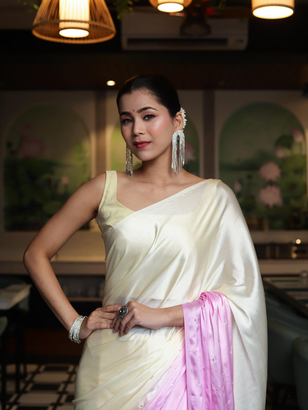 Banarasee Handloom Satin Hand Dyed Saree With Mirror Work-Light Yellow & Light Pink