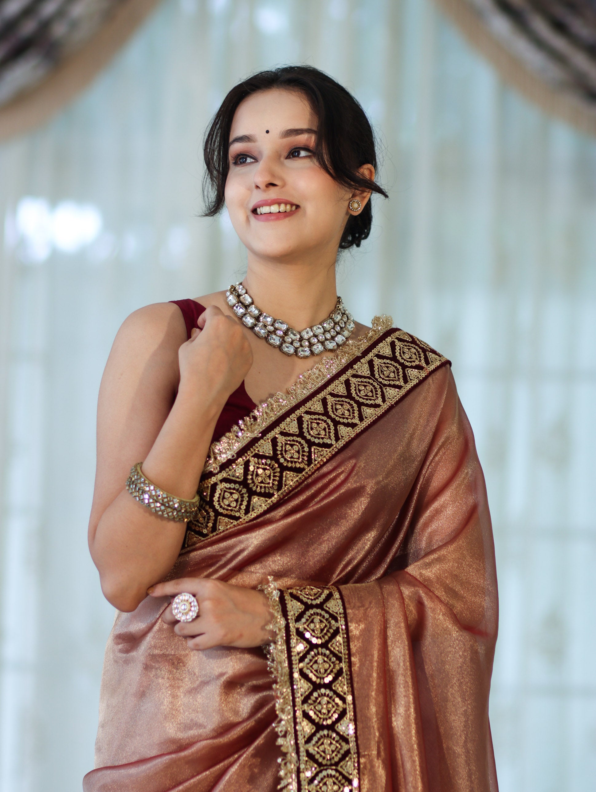 Banarasee Handloom Plain Tissue Saree With Lace Border-Burgundy