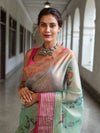Banarasee Handwoven Tissue Saree With Hand Brush Paint Floral Design & Contrast Border-Light Green