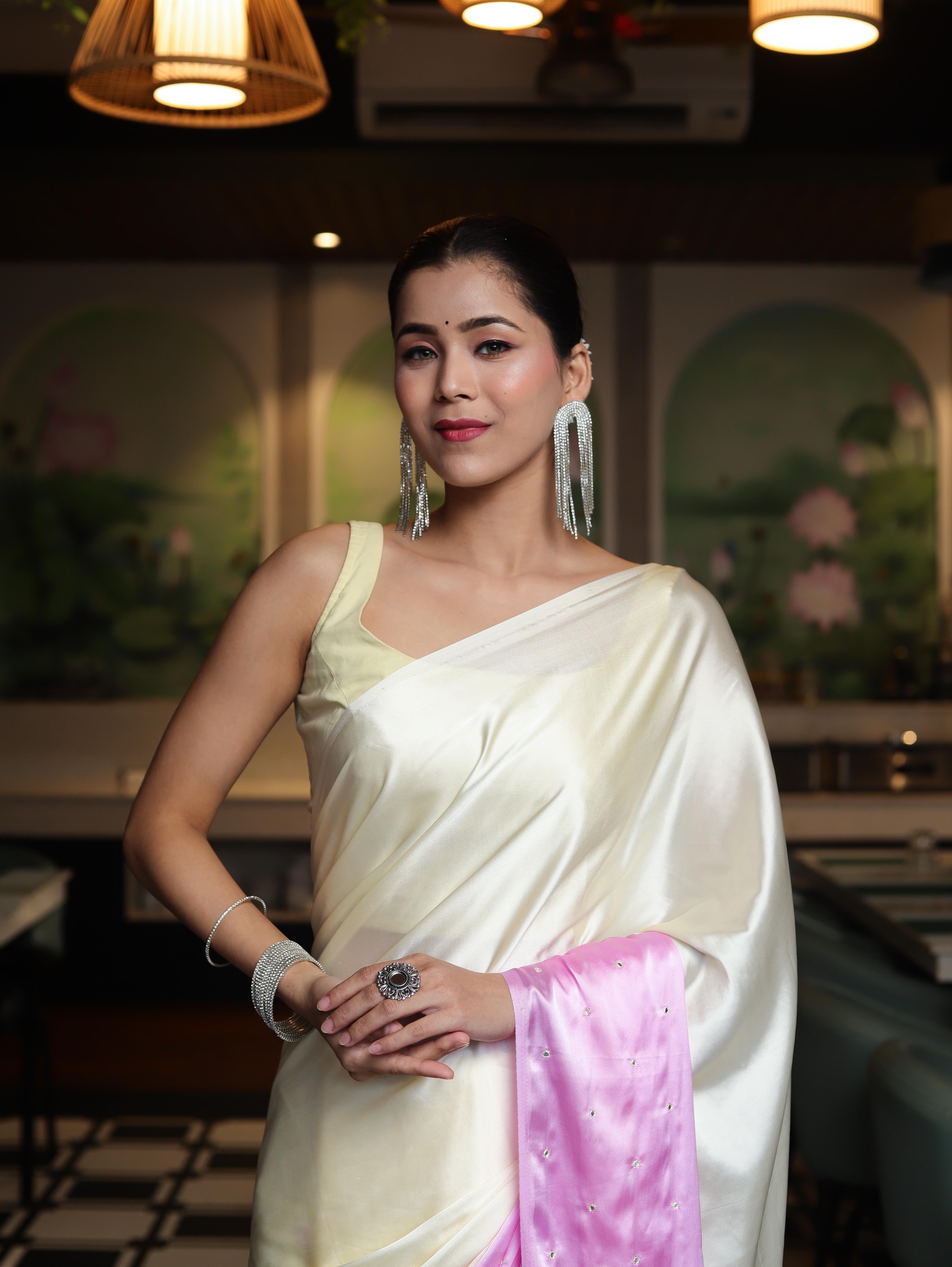 Banarasee Handloom Satin Hand Dyed Saree With Mirror Work-Light Yellow & Light Pink