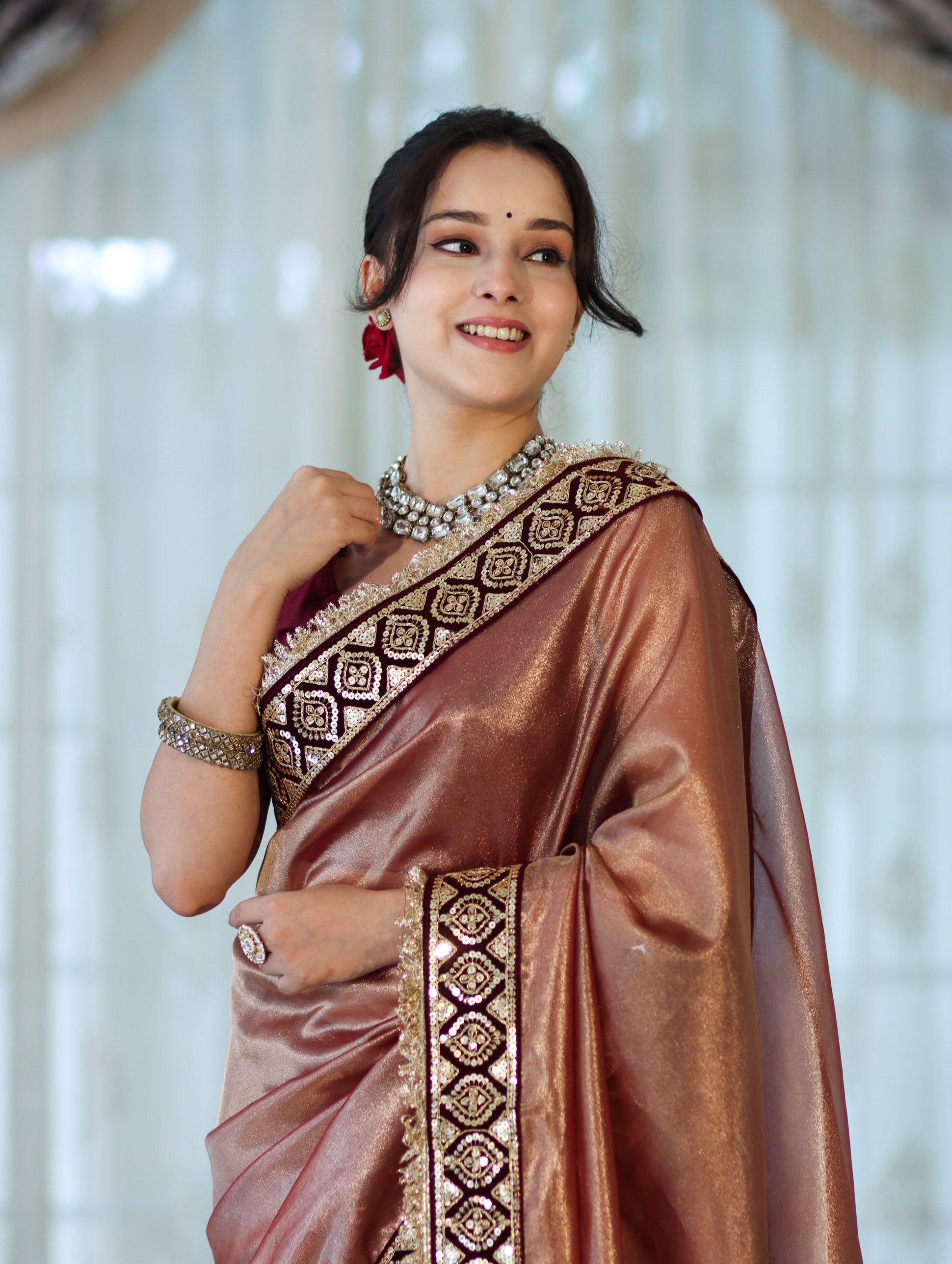Banarasee Handloom Plain Tissue Saree With Lace Border-Burgundy
