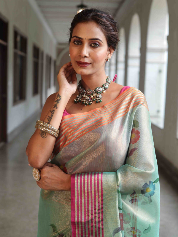 Banarasee Handwoven Tissue Saree With Hand Brush Paint Floral Design & Contrast Border-Light Green