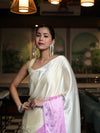 Banarasee Handloom Satin Hand Dyed Saree With Mirror Work-Light Yellow & Light Pink