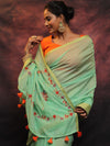 Banarasee Chanderi Cotton Hand-Embroidered Saree-Green