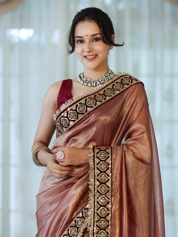 Banarasee Handloom Plain Tissue Saree With Lace Border-Burgundy