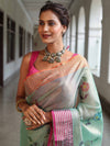 Banarasee Handwoven Tissue Saree With Hand Brush Paint Floral Design & Contrast Border-Light Green