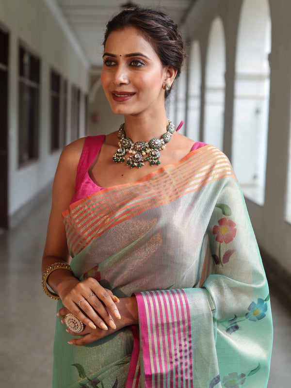 Banarasee Handwoven Tissue Saree With Hand Brush Paint Floral Design & Contrast Border-Light Green