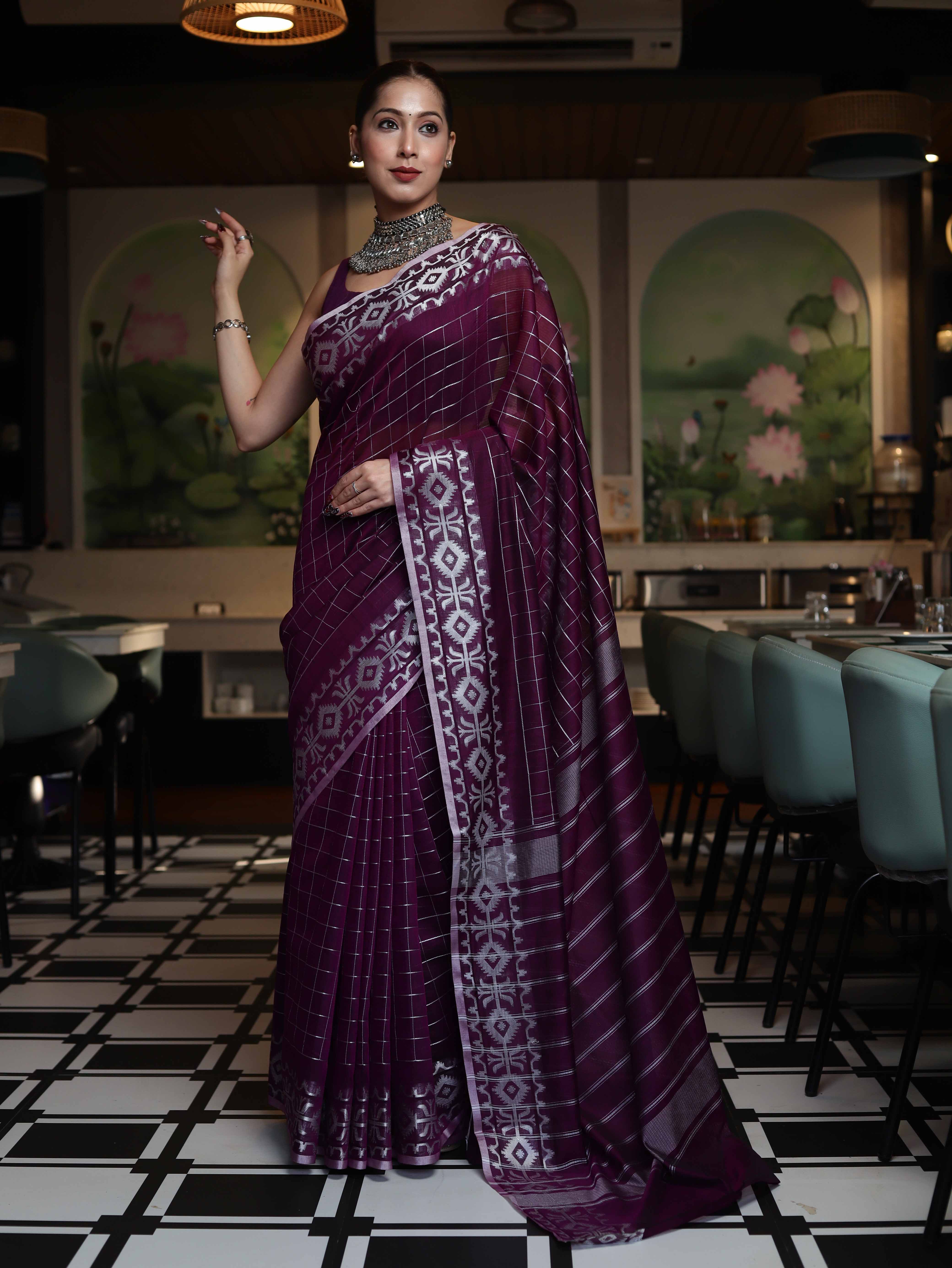 Banarasee Handloom Cotton Silk Kota Checks Saree With Silver Zari Border-Purple