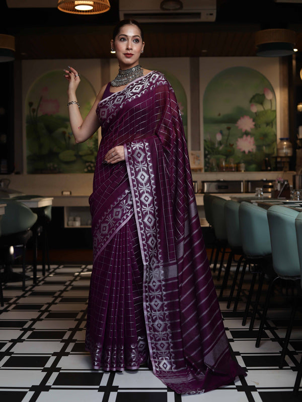 Banarasee Handloom Cotton Silk Kota Checks Saree With Silver Zari Border-Purple
