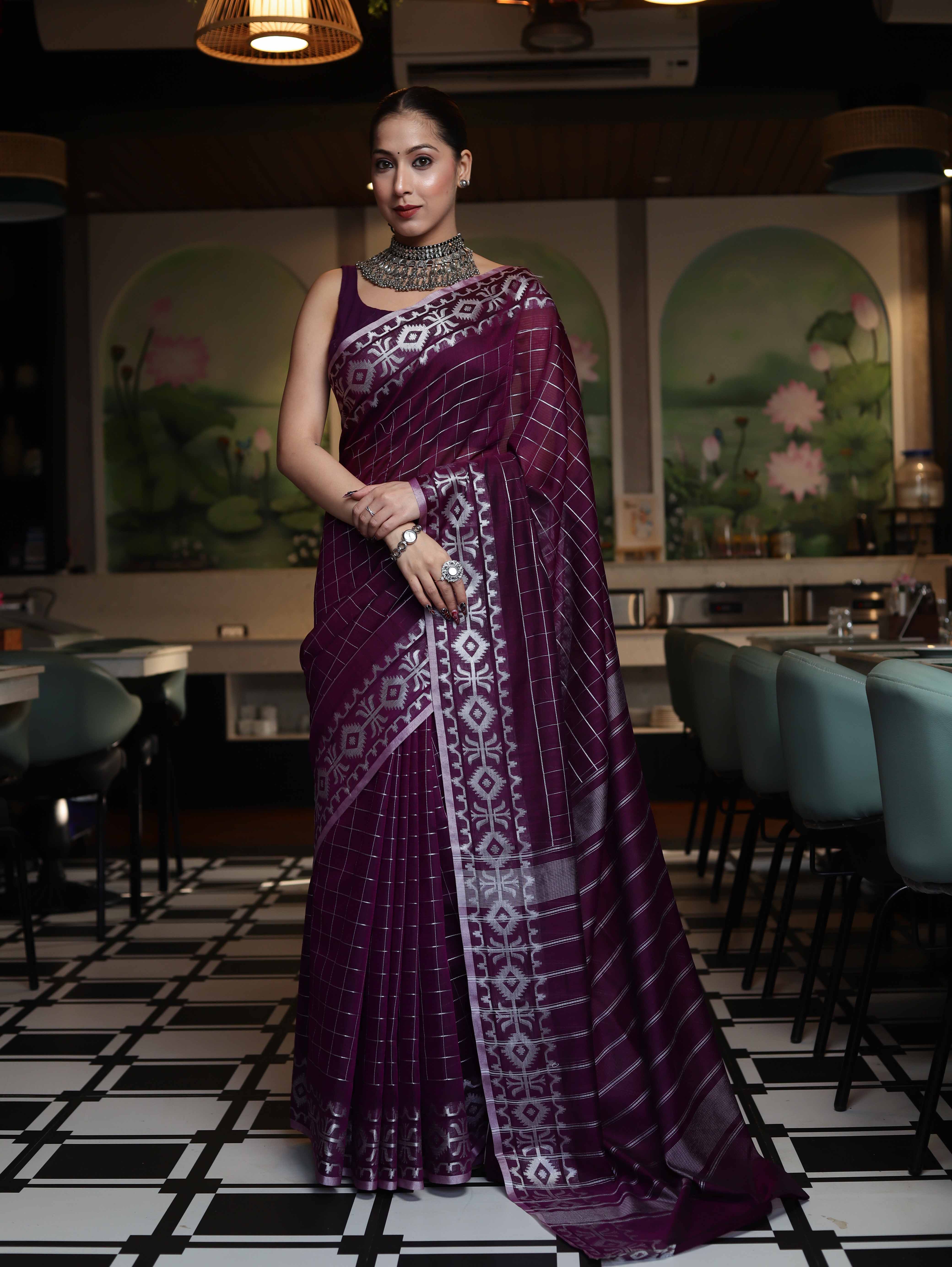 Banarasee Handloom Cotton Silk Kota Checks Saree With Silver Zari Border-Purple