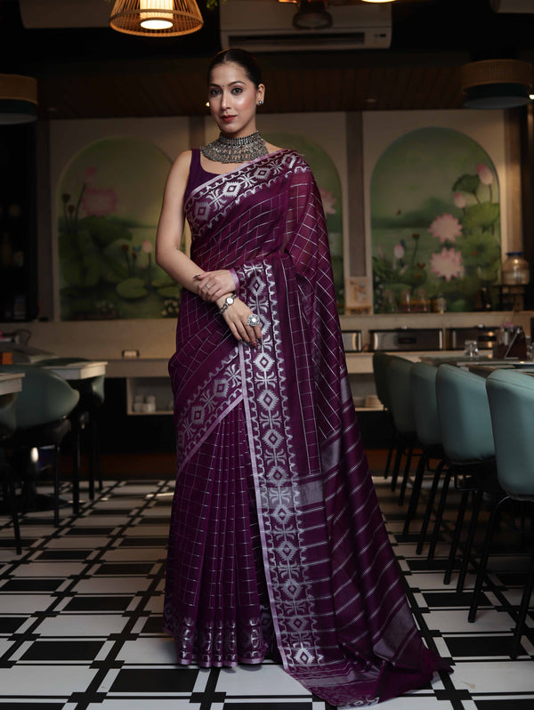 Banarasee Handloom Cotton Silk Kota Checks Saree With Silver Zari Border-Purple