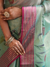 Banarasee Handwoven Tissue Saree With Hand Brush Paint Floral Design & Contrast Border-Light Green