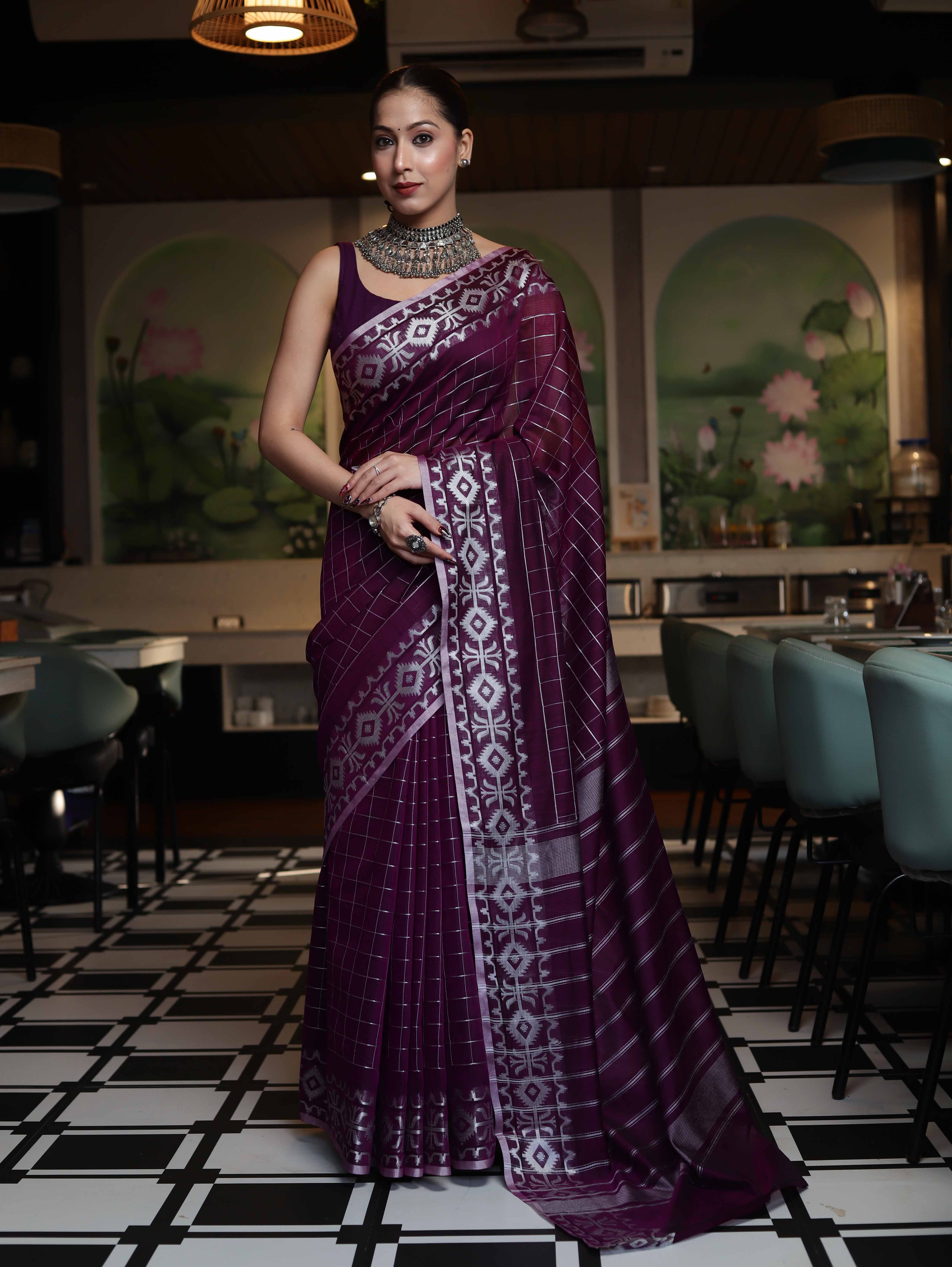 Banarasee Handloom Cotton Silk Kota Checks Saree With Silver Zari Border-Purple