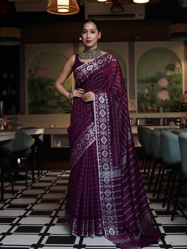 Banarasee Handloom Cotton Silk Kota Checks Saree With Silver Zari Border-Purple