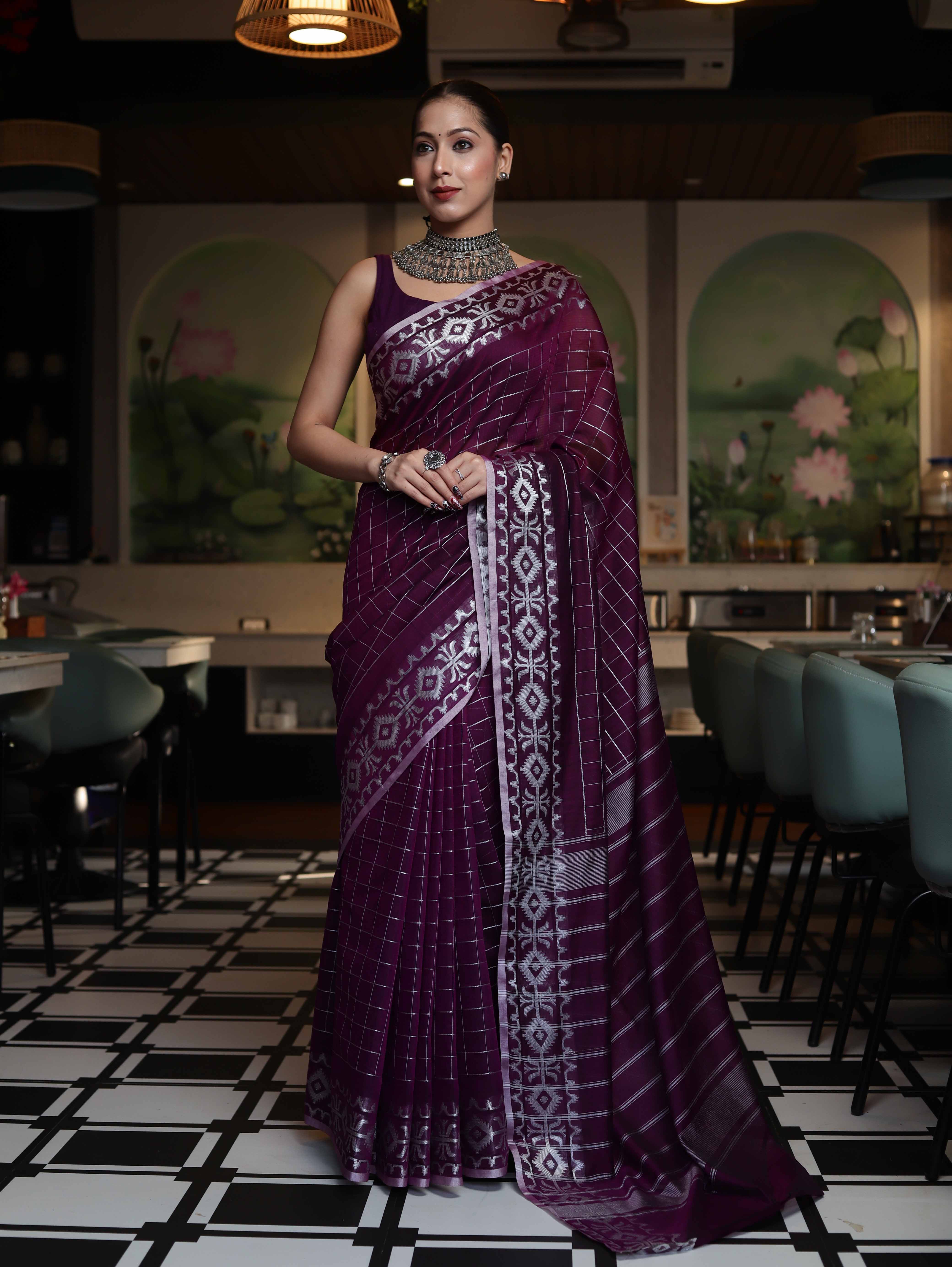 Banarasee Handloom Cotton Silk Kota Checks Saree With Silver Zari Border-Purple