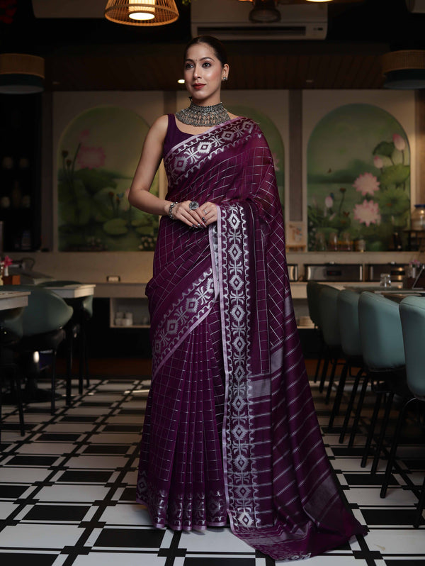 Banarasee Handloom Cotton Silk Kota Checks Saree With Silver Zari Border-Purple