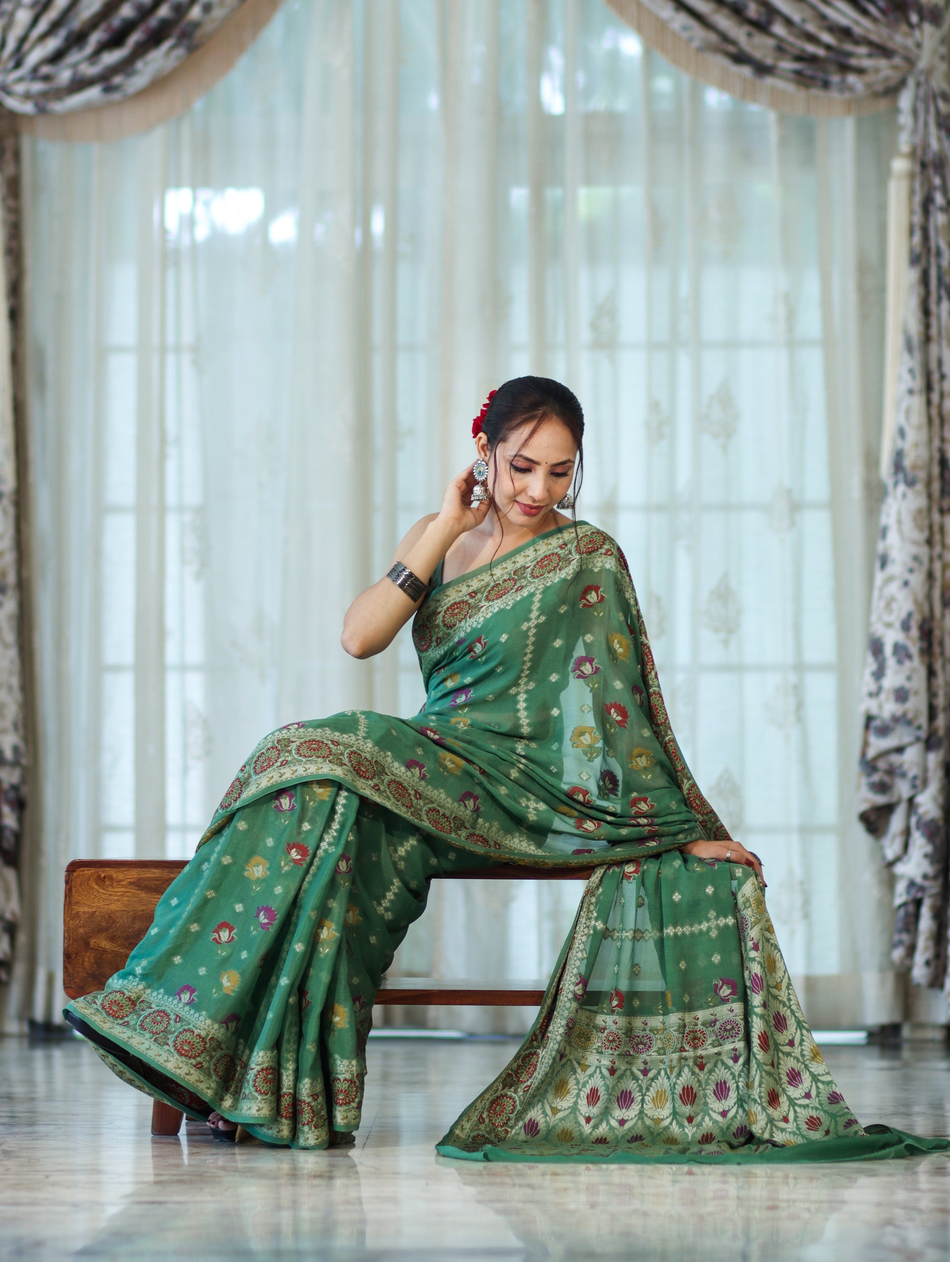 Banarasee Handloom Pure Chiffon Saree With Resham Work-Green