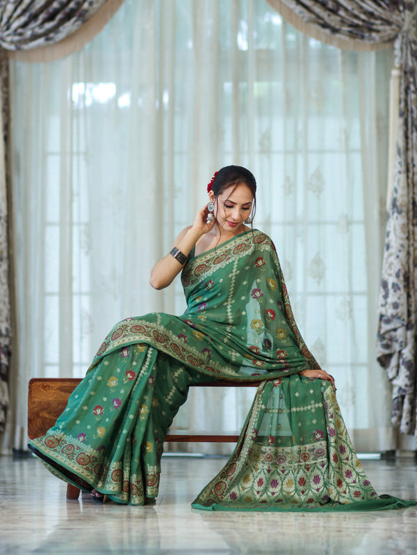 Banarasee Handloom Pure Chiffon Saree With Resham Work-Green