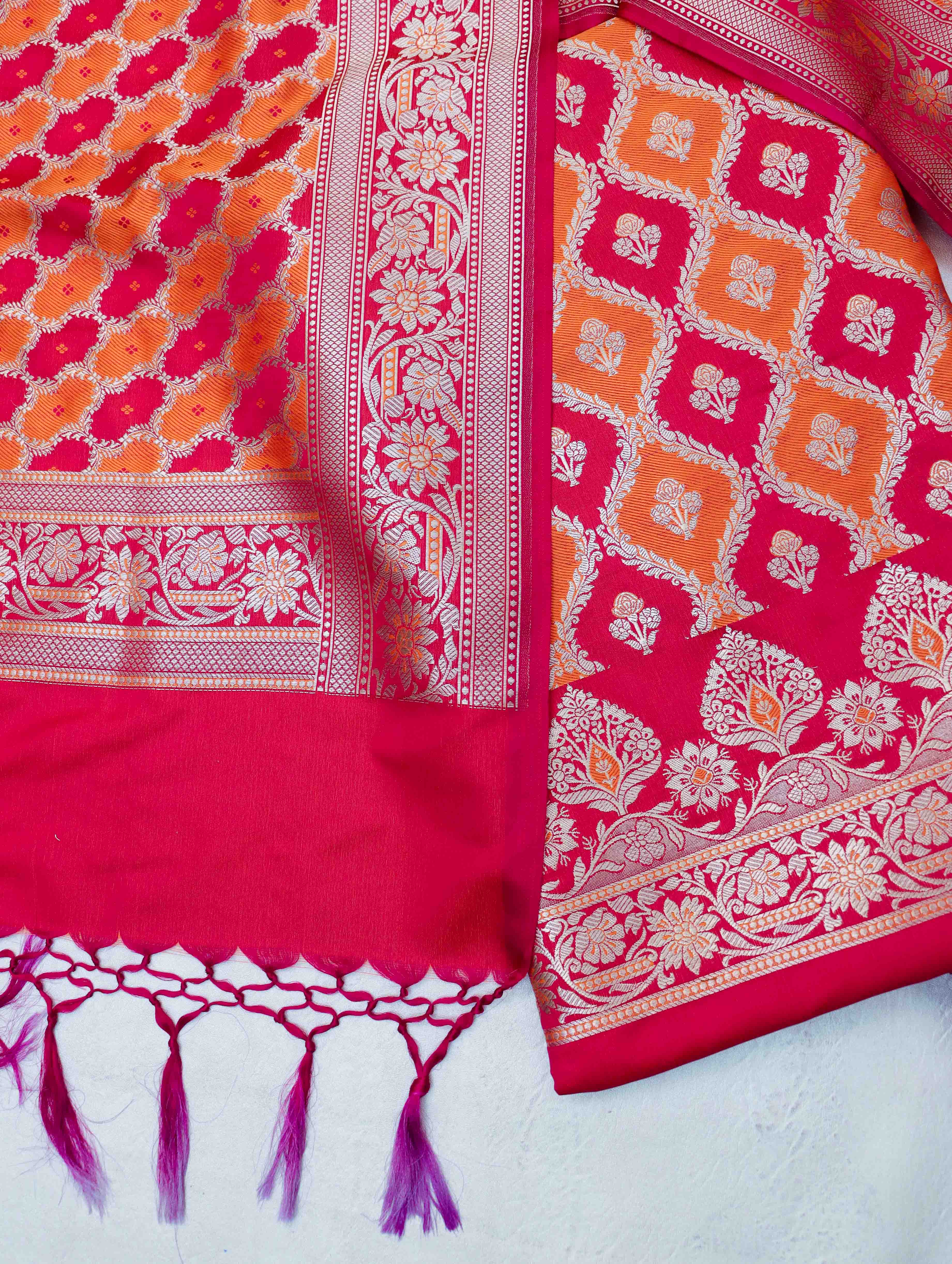 Banarasee Dual Color Katan Silk Zari Work Salwar Kameez Fabric With Dupatta Set-Pink & Orange