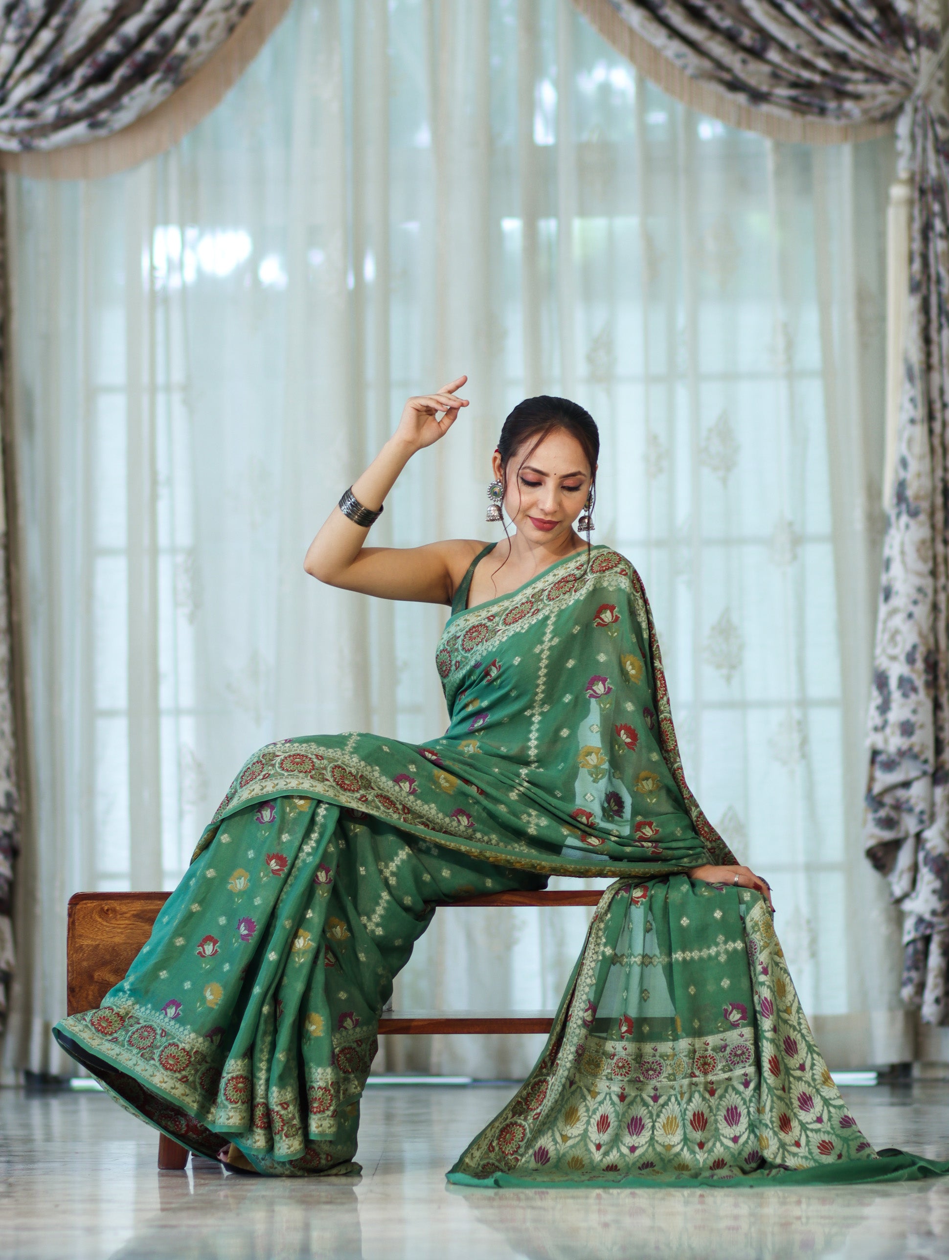 Banarasee Handloom Pure Chiffon Saree With Resham Work-Green