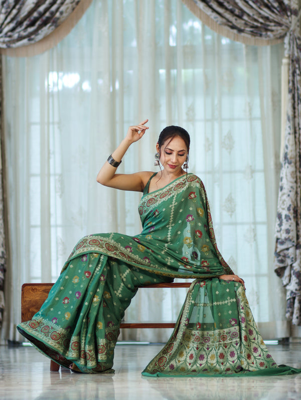 Banarasee Handloom Pure Chiffon Saree With Resham Work-Green