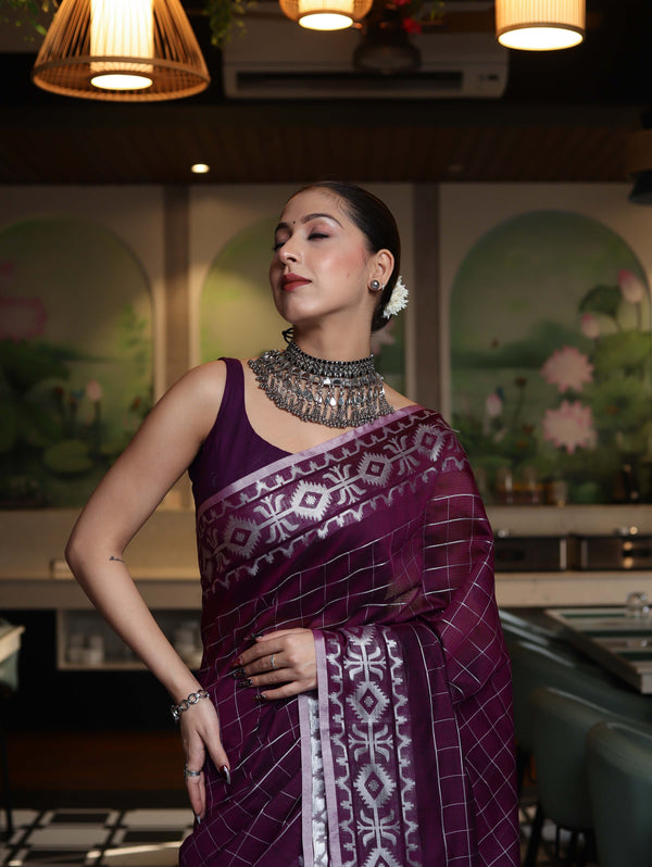 Banarasee Handloom Cotton Silk Kota Checks Saree With Silver Zari Border-Purple