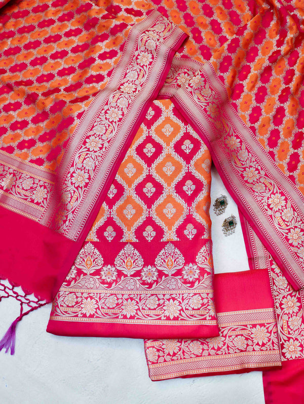 Banarasee Dual Color Katan Silk Zari Work Salwar Kameez Fabric With Dupatta Set-Pink & Orange