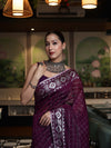 Banarasee Handloom Cotton Silk Kota Checks Saree With Silver Zari Border-Purple