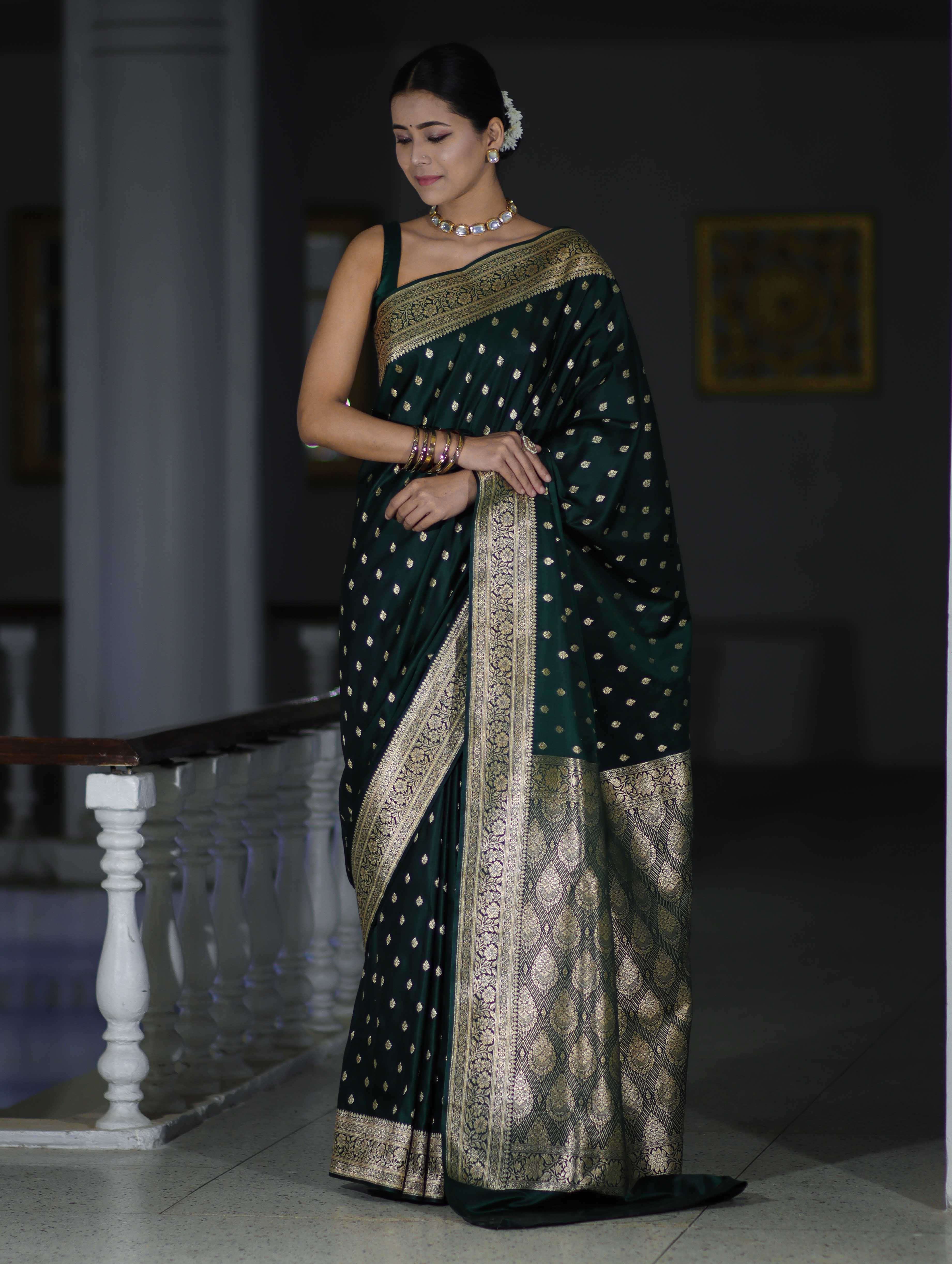 Banarasee Handloom Semi Katan Saree With Buti Work & Border-Deep Green