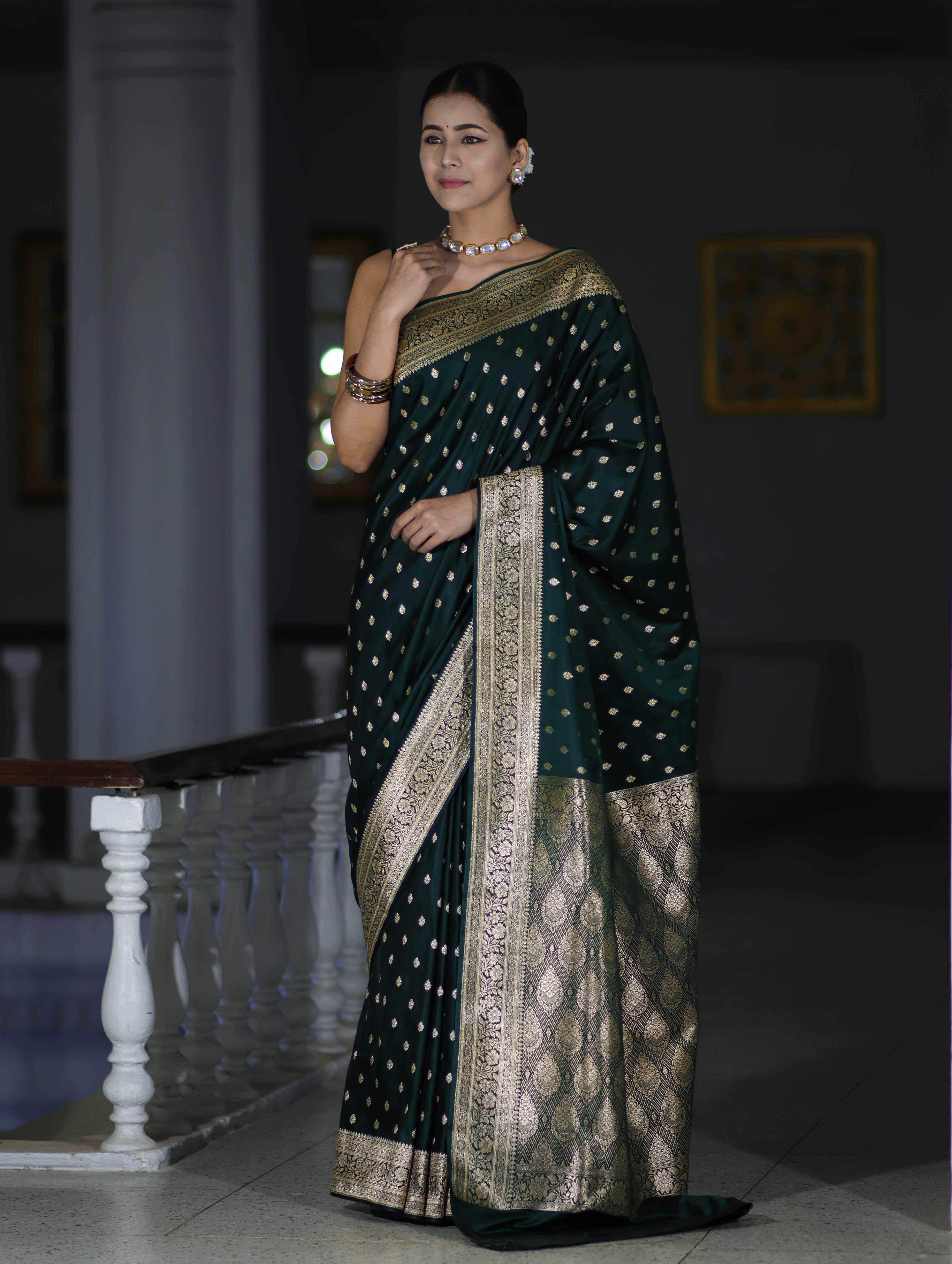 Banarasee Handloom Semi Katan Saree With Buti Work & Border-Deep Green