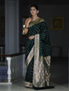 Banarasee Handloom Semi Katan Saree With Buti Work & Border-Deep Green