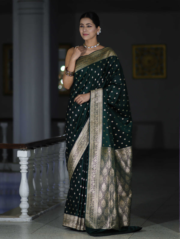 Banarasee Handloom Semi Katan Saree With Gold Work & Border-Deep Green