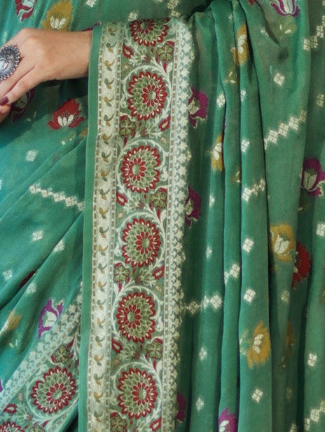 Banarasee Handloom Pure Chiffon Saree With Resham Work-Green