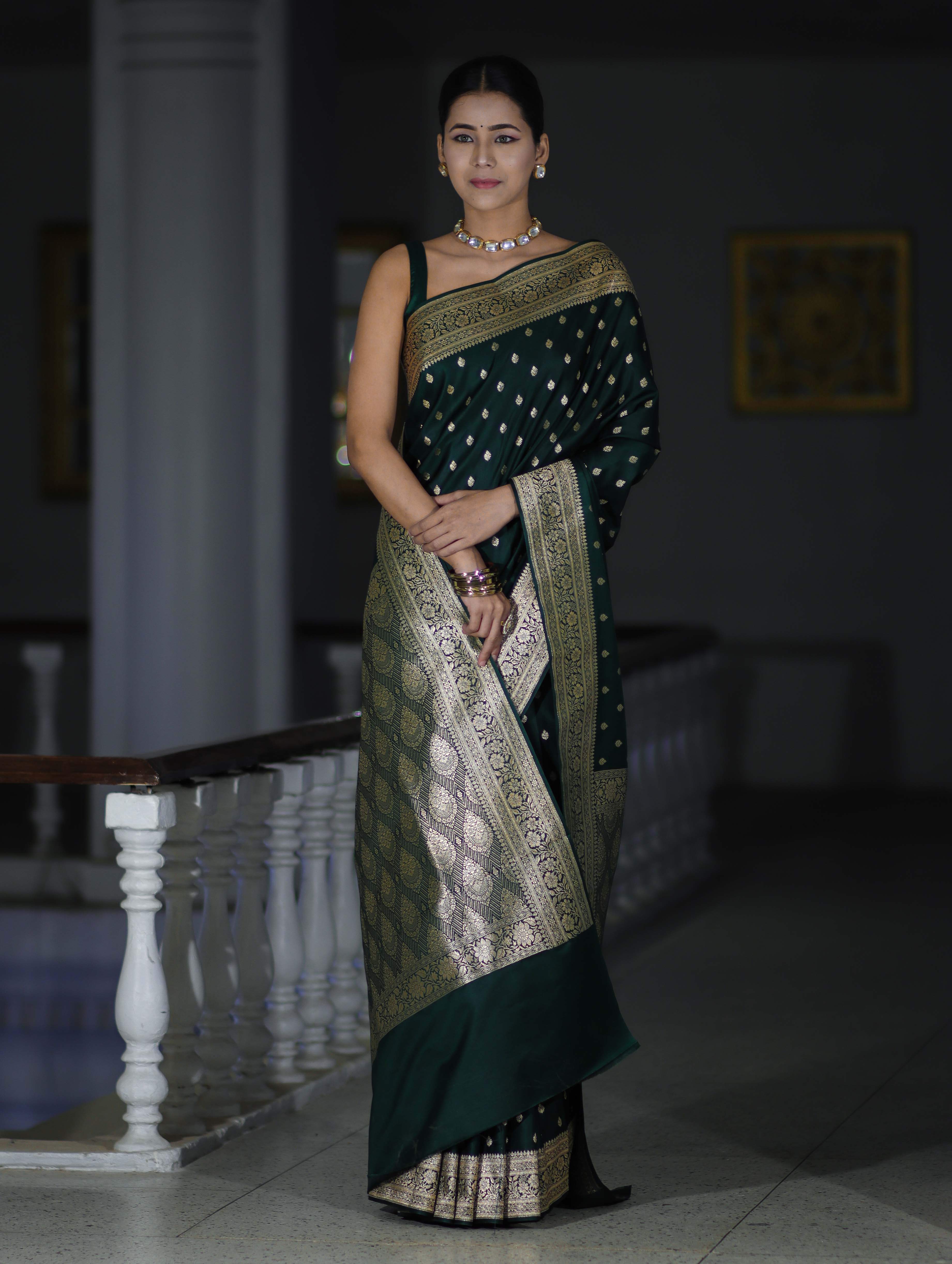 Banarasee Handloom Semi Katan Saree With Buti Work & Border-Deep Green