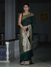 Banarasee Handloom Semi Katan Saree With Buti Work & Border-Deep Green