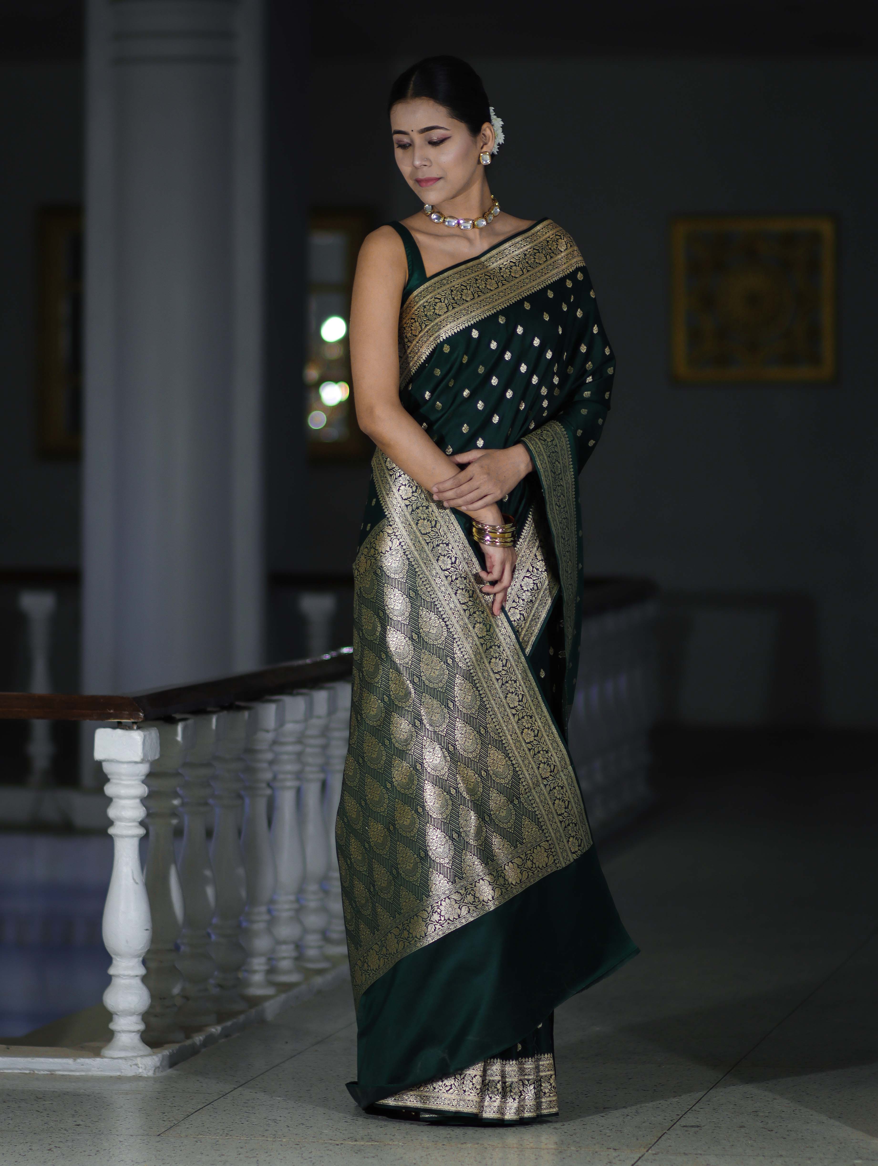 Banarasee Handloom Semi Katan Saree With Buti Work & Border-Deep Green