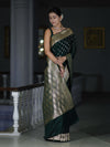 Banarasee Handloom Semi Katan Saree With Buti Work & Border-Deep Green